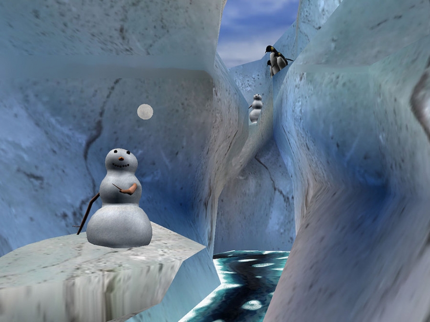 un jeu en réalité virtuelle montrant un univers glacé et un bonhomme de neige